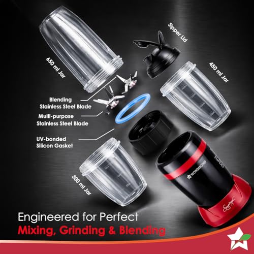 Image of Wonderchef Nutri-Blend Turbo 750W Mixer Grinder Blender Smoothie Maker, 22000 RPM, 3 Jars, Stainless-Steel Blades, Sipper Jar & Lid, 2-Yr Warranty, FREE Recipe Book by Chef Sanjeev Kapoor, Black & Red