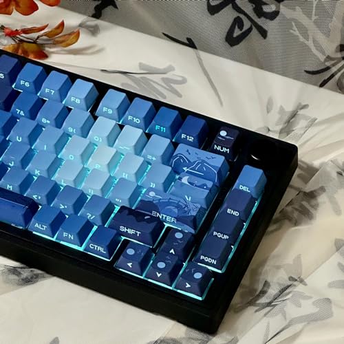 Image of PBT Moonlit Keycaps Custom Dark Blue Shine Through Keycaps Cherry Profile 128 Keys Side Print Key Caps Gradient Blue for Mechanical Keyboards 60% 65% 75% Backlit