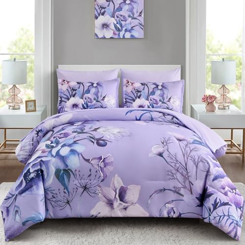 Luxudecor Lavender Purple Floral Comforter Set King Size 7 Piece Flower Bed in a Bag Elegant Comforter Bedding Set for All Season (Lavender 104x90)
