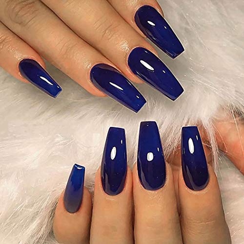LittleB Long Fake Nails Coffin Glossy Blue Press on Nails Ballerina Acrylic False Nails Tips Party Prom for Women and Girls (24pc) (Navy)