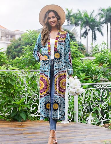 Image of Ekouaer Women Kimono Robes Full Length Knit Bathrobe Lightweight Soft Sleepwear V-neck Casual Ladies Loungewear S-XXL