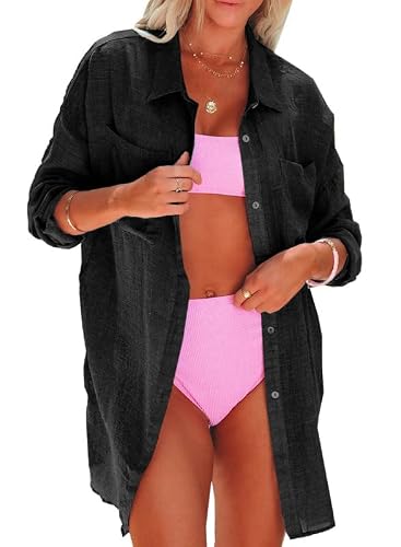 Dokotoo Lightweight Summer Cardigan For Women Beach Swimsuit Coverup Long Sleeve Side Slit Pockets Button-Down Shirts Casual Blouses Black Small #TOP22