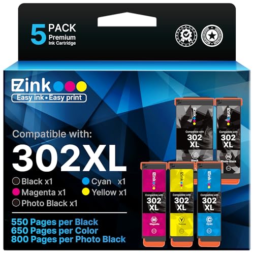 E-Z Ink 302XL 302 Ink Cartridges Multipack Remanufactured Replacement for Epson 302 XL 302 T302XL T302 to use with Expression Premium XP-6000 XP-6100 XP6000 XP6100 Printer (BK/PGBK/C/M/Y, 5