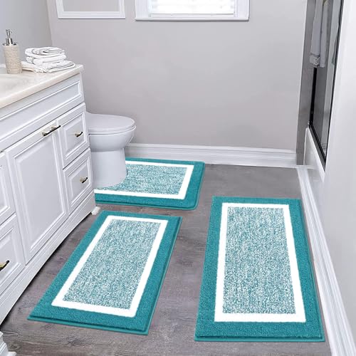 Pauwer Bathroom Sets 3 Pc Shower Rugs w/ U-Shaped Mat, Absorbent Microfiber Plush Mats, Non Slip, Machine Wash, Shaggy Aqua Blue