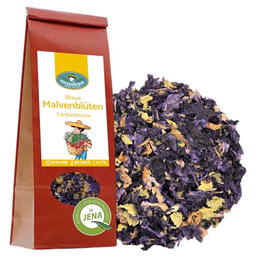 Blaue malva flores para té de hierbas – El té se vuelve azul durante 1-5 minutos – PeppermintMan – Bolsa de papel (120g)