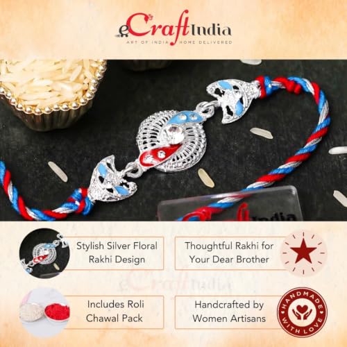 Image of eCraftIndia Silver Floral Designer Rakhi for Brother | Raksha Bandhan Rakhi for Bhai Bhaiya