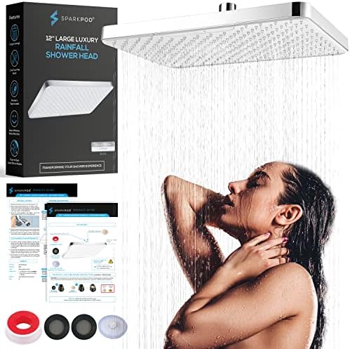 Sparkpod 12 Inch Rectangle Rain Shower Head - Ceiling or Wall Mount Rainfall Shower Head - Large Coverage - Brass Ball joint with 360° adjustment - Tool Free Installation (Classic Chrome & White Duo)