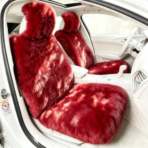 Image of 2 Pack Red Fluffy Sheepskin Car Seat Covers for Soft Auto Fur Pet Cushion
