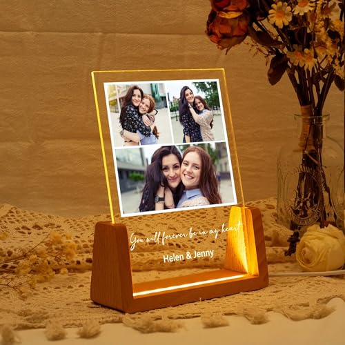 Image of Friendship Day Custom Photo Collage LED Lamp, Personalised Acrylic Night Light for Best Friends, Warm White, Wooden Base, Touch Control, Modern Style (Bestie 5)