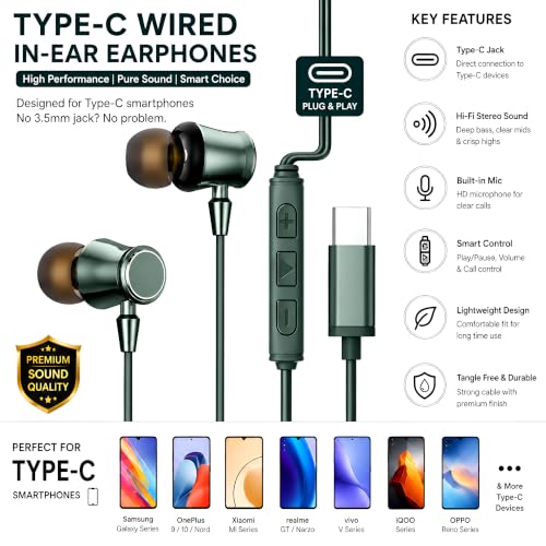 Image of BLASST-C TypeC Wired Earphone with Powerful HD Mic for Clear Sound, Deep Bass Sound, HD Calling, in-Line Volume Control & Noise Cancellation Compatible with only TypeC Jacks in Mobiles- Green
