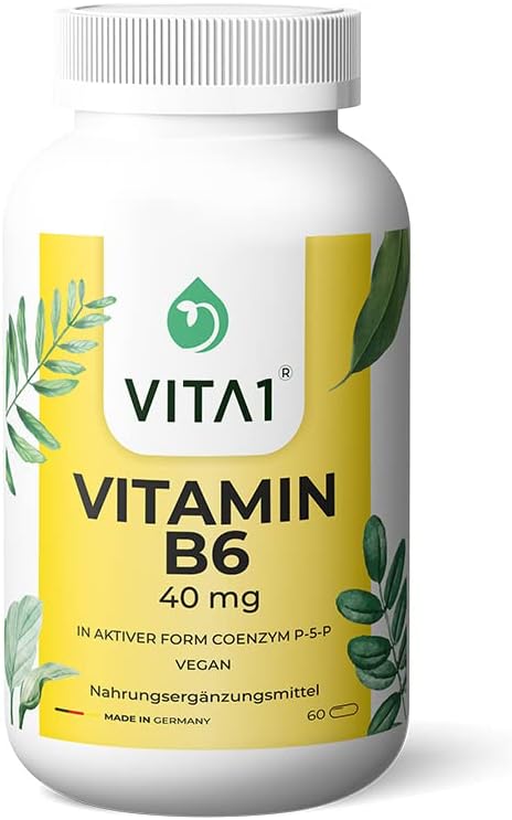 VITA1 Vitamin B6 P-5-P 40mg • 60 Capsules (2-Months-Supply) • in its Active Form Coenzyme P-5-P • Made in Germany