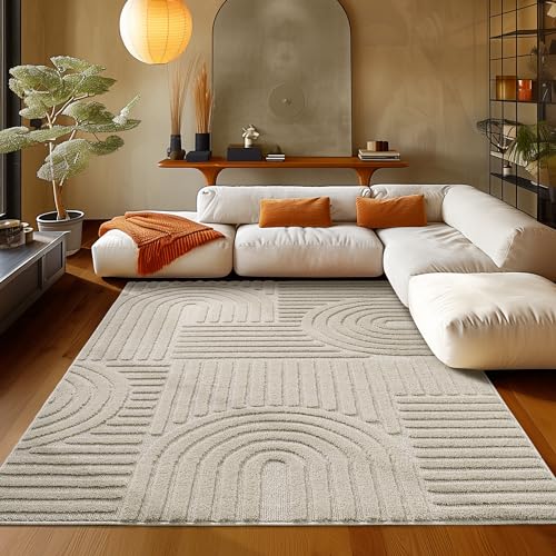 Teppium Tapis Salon Moderne Beige 200x300 (200 x 290 cm) - Chambre à Poils Courts, Style Scandinave, Conception Bohème Moelleux et Doux - Cuisine Moquette...