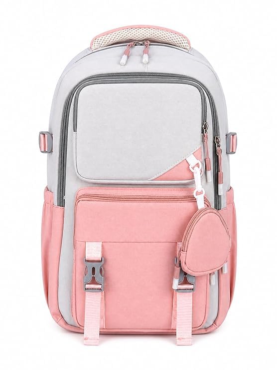 silliquam School Backpack for GIrl & Women | College Bag with Multiple Compartments, Water Bottle Pocket & Front Utility Pouch | Lightweight Travel Backpack for Students, Office & Daily Use | Pink and White-picture-20