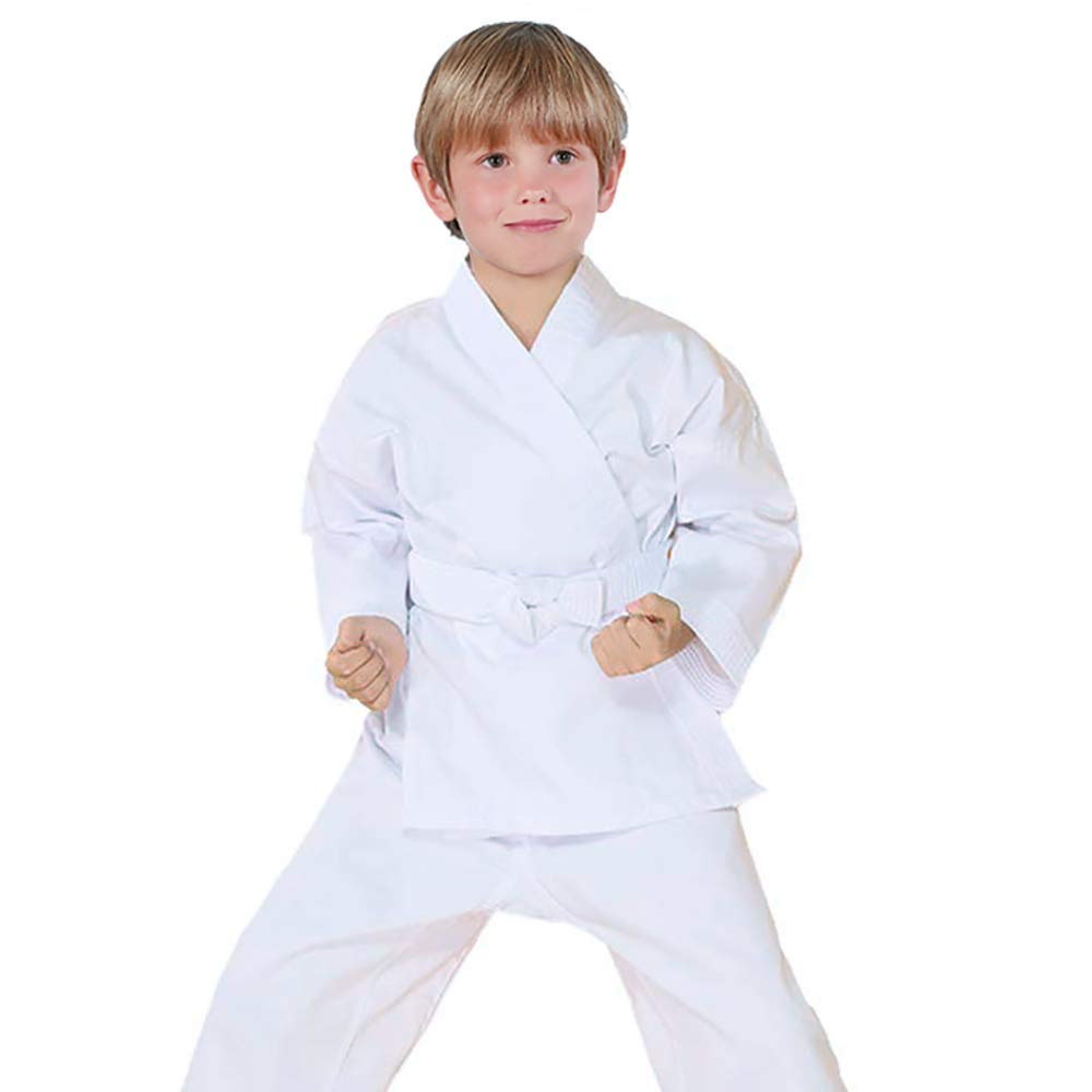 FLUORY Karate Uniform with Belt, White Karate Gi for Adult & Children Size 000-6