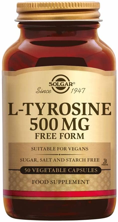Solgar L-Tyrosine 500 mg, 50 Vegetable Capsules - Brain & Nervous System Support - Vegan, Gluten Free, Dairy Free, Kosher - 50 Servings