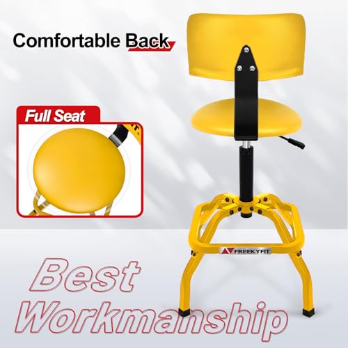 Image of Shop Stool with Backrest, Mechanic Garage Stool for Workshop, Adjustable Shop Stools Chair, Padded Workbench Stools for Men Women, 300 LBS Capacity, 360 Swivel PVC Seat, Heavy Duty, Yellow