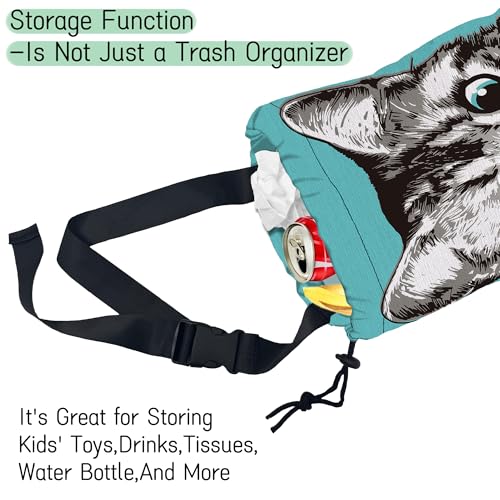 Image of Cute Cat Car Trash Bag,Kitten Blow Bubble Gum Hanging Drawstring Car Garbage Bag,Waterproof Canvas Car Back Seat Organizer with Adjustable Buckle,for Vehicles,SUVs,Camping,Road Trips