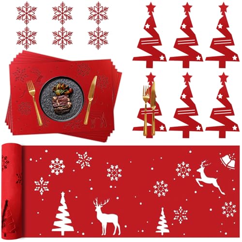 LHOEST Juego de 19 manteles individuales de fieltro, color rojo, decoración navideña, decoración de mesa