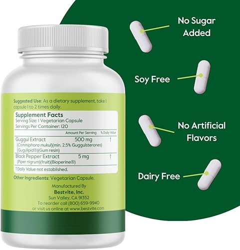 Miniatura 3 de Extracto de guggul de 500 mg (120 cápsulas vegetarianas), respaldado por investigación clínica, patentado y estandarizado, mejorado por bioperina,