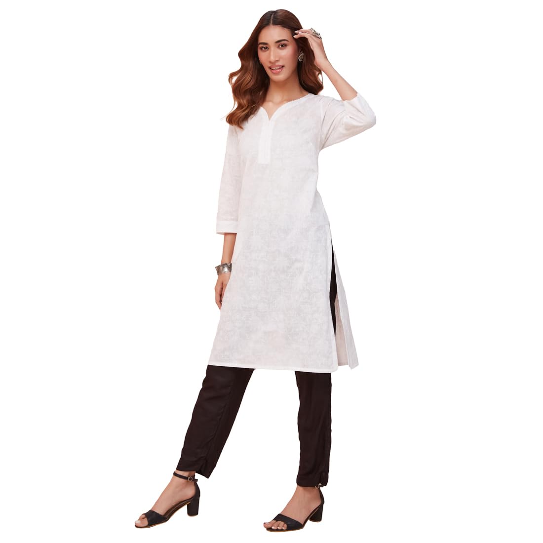Fabindia Women's Cotton Printed Regular Kurta (1037328White_White
