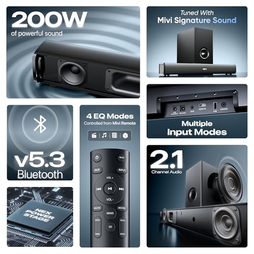 Image of Mivi Nex 200 Soundbar [New Launch], 200 Watts, 2.1 Channel System with Sound bar and Subwoofer, Nex PowerStage Audio, Multiple Input Modes, Made in India