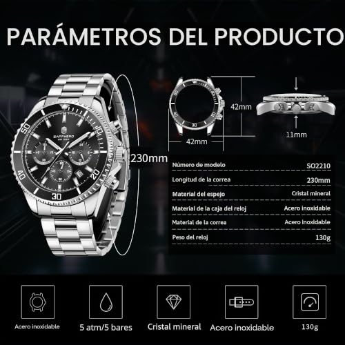 Miniatura 5 de Sapphero Reloj Hombre Cronografo Analógico Movimiento De Cuarzo 50m Impermeable Relojes Para Hombre Banda De Acero Inoxidable Clásico Casual Diseñador Relojes Elegante Regalo Para Hombre
