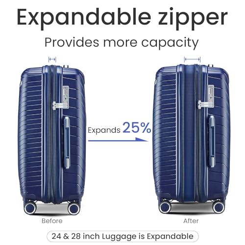Luggage Sets 4 Piece(14/20/24/28), Expandable Lightweight Suitcase with 4 Double 360 Degrees Mute Spinner Wheels PP Materials Durable TSA Lock Travel Luggage Navy Blue2