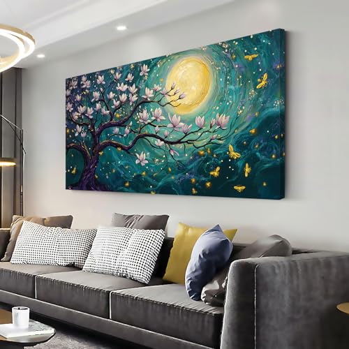 ZOMNAI Teal Flower Tree Wall Art for Living Room Office