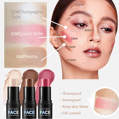 KARLOR Contour Stick Highlighter Blush Stick, 3 Pcs Cream Bronzer Stick Cream Blush Stick Face Highlighter Stick Face Bronze Contour liquid Blush for Cheek Make up Stick waterproof long -lasting - Image 6