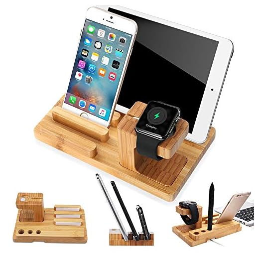 XPhonew Laddningsstation i bambu i trä dockningsstation laddningsstativ vägghållare konsol kompatibel iPhone XS MAX XR X 8 7 6S 6 Plus Apple Watch 2 3 4 iWatch 38 mm och 42 mm iPad surfplatta Samsung Smartphones