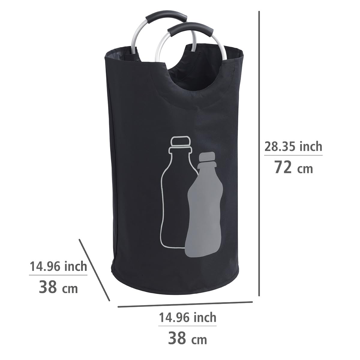 WENKO Jumbo, 69 litrów, torba na butelki z dekoracyjnym nadrukiem i uchwytami aluminiowymi Soft Grip do łatwego transportu pustych butelek, 100% poliester, 38 x 72 cm, czarny