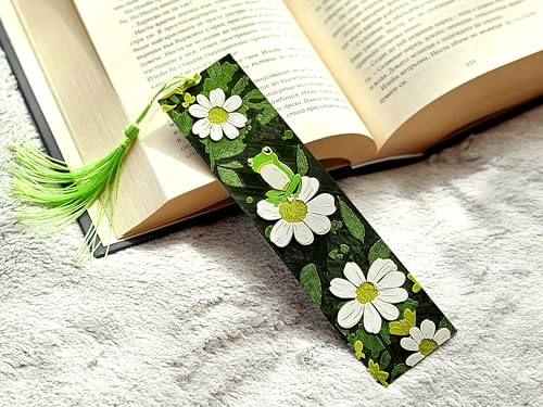 Image of Froggy Bloom Cute Frog Bookmark with Tassel | Floral Daisy Aesthetic Page Marker for Books | Gift for Book Lovers, Students, Girls | Durable Bioplastic