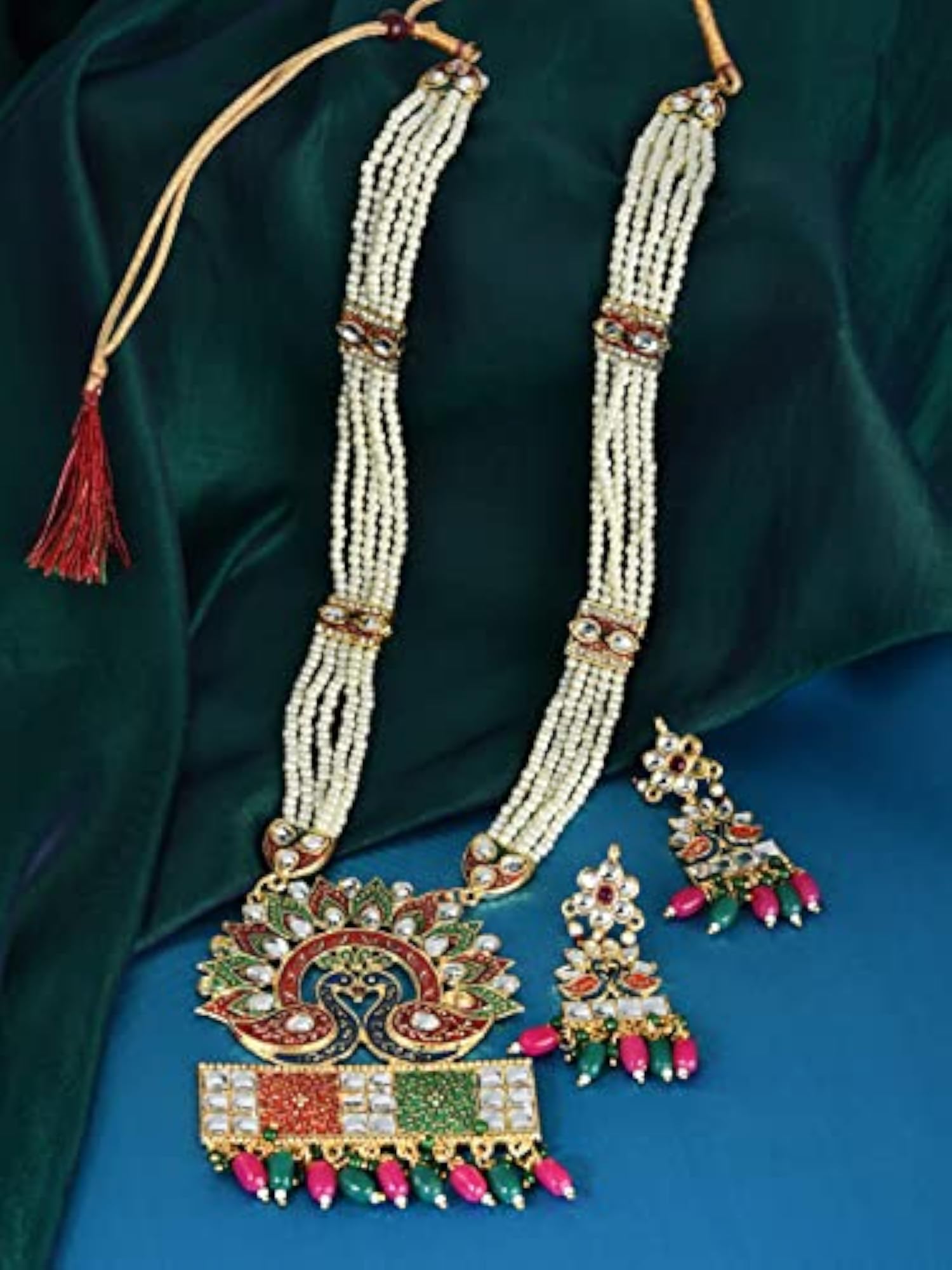 Women's Peacock Inspired Meenakari Long Necklace & Earring Set