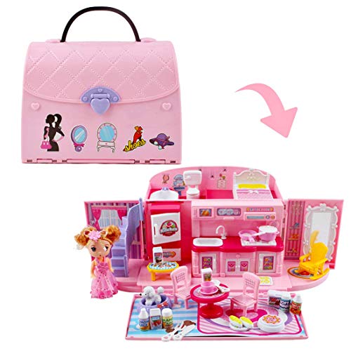 deAO Borsa a Mano con Casa delle Bambole Incorporata Set Prtatile Design 2in1 con Serratura e Maniglia, Casa con Funzioni Luminose e Sonore, Include Bambola e Mobili su Misure