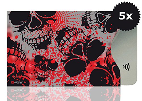 OPTEXX Lot de 5 étuis de Protection RFID certifiés TÜV Motif tête de Mort Rouge et tête de Mort Rouge pour Carte de crédit