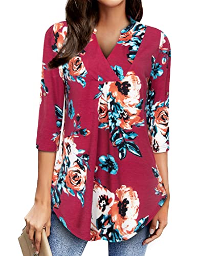 Image of Womens Notch V Neck 3 /4 Sleeve Dressy Tunic Shirts Work Blouse
