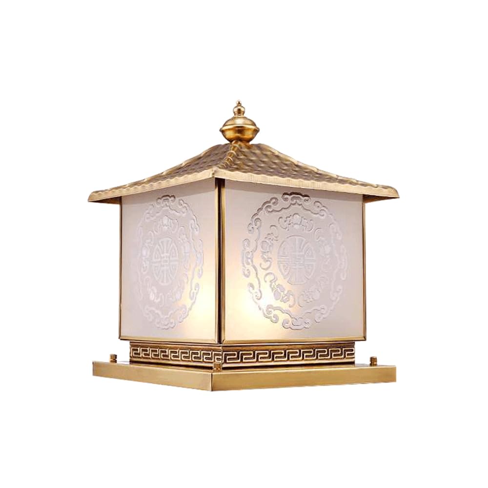 HZWJIA All Brass Outdoor Pillar Lamp New Chinese Hardwired Hotel Villa Patio Pillar Head Lamp Outdoor Square IP65 Rated Waterproof Bollard Light with Glass Shade Suitable for Garden Fence Lawn Pillar