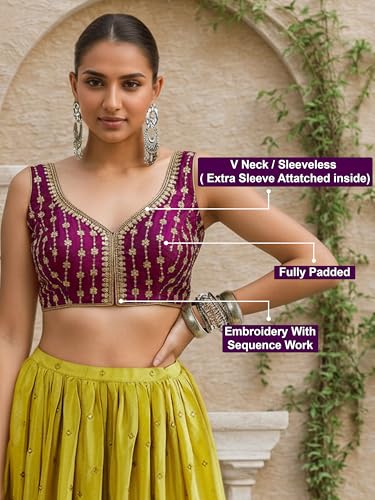 Image of TRENDMALLS Women's Dhupion Silk Embroidery Sequence Work V Neck Sleeveless Blouse Choli Stylish Saree Blouse Ready to Wear