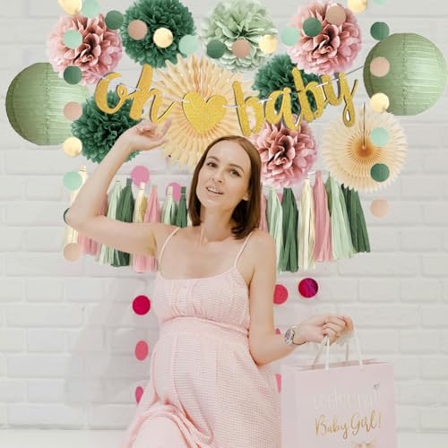 Image of Dusty Pink and Sage Green Baby Shower Decorations Boho Oh Baby Shower Decorations for Girl Dusty Rose and Sage Green Paper Lanterns Pom Poms Beige Fans with Olive Cream Tassel Garland