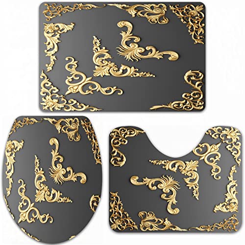 Badteppich-Set 3-teilige, rutschfeste,Barockes Schwarzgold 3D-Rendering der vergoldeten Stucksammlung Cartouche Antique…