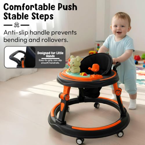 Image of StarAndDaisy Baby Walkers for 6-24 Month Baby boy 360 Walker for Kids for 6-24 Months with RGB Light, 7 Level Height Adjustment, Baby Walker with Switchable Food & Musical Toy Tray -Orange Black