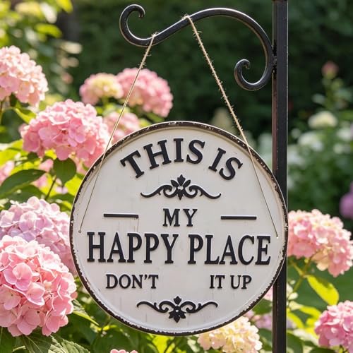 Funny Garden Metal Sign -This Is My Happy Place Dont F**k It Up Vintage Decor Round Metal Vintage Decor for Home Garden Farm Office Bedroom Kitchen Dining or Bar Decor 12x12in