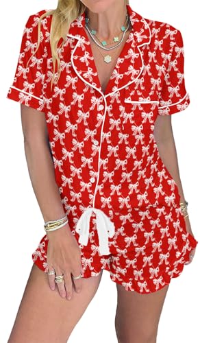 Image of KevaMolly Women Novelty Knotted Candy Cane Christmas Pajama Set | Christmas Floral Bow Print PJ Set, Button Lapel Knotted Drawstring Shorts with Convenient Side Pockets