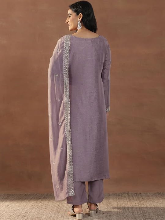 Image of Women's Mauve Embroidered Round Neck Sequinned Straight Silk Blend Kurta With Trousers & Dupatta