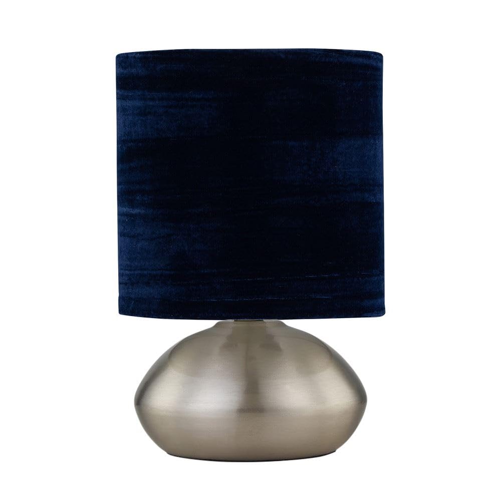Firstchoicelighting Satin Nickel & Blue Brushed Chrome Touch Operated Table Lamp Or Bedside Light, Modern Design, Height 22Cm, Navy Blue Crushed Velvet Shade, Led Compatible