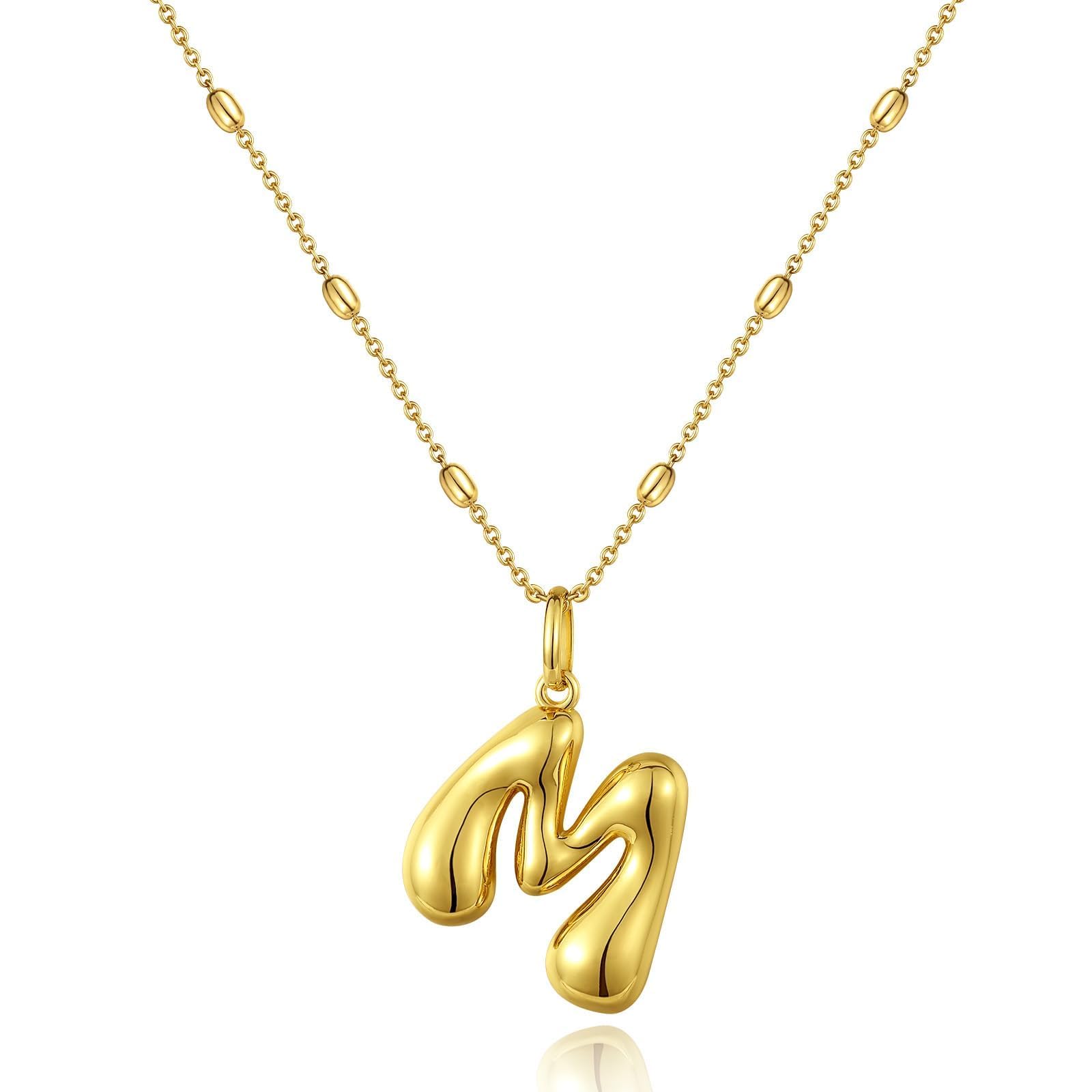 Bubble Letter Necklace,14K Gold Plated Personalized 3D Puffy Balloon Initial Pendant with Adjustable Bead Chain, Dainty Jewelry Gift for Women