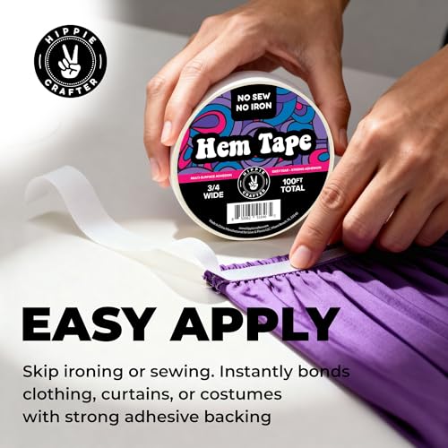 Image of HIPPIE CRAFTER Double Sided Hem Tape No Sew No Iron Sewing Tape for Hemming Curtains Fabric Pants Dress Clothes and More Thin with Strong Adhesive Removable 3 /4 Inch x 100FT