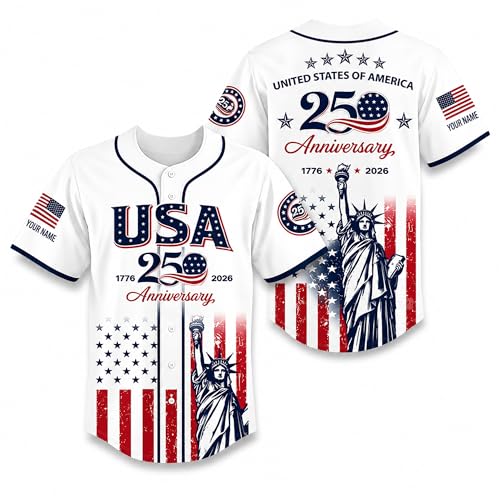 Personalized U.S. 250th Anniversary Baseball Jersey 1776-2026 Semiquincentennial Shirt Custom Name Statue of Liberty Patriotic American Flag Button Down Jersey Gift for for Men Women Family