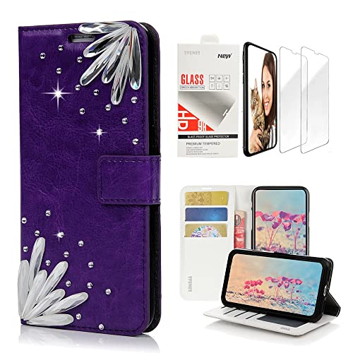 STENES Bling Wallet Phone Case Compatible with Samsung Galaxy Note 10 Plus - Stylish - 3D Handmade Pretty Stones Design Leather Cover with Screen Protector [2 Pack] - Purple