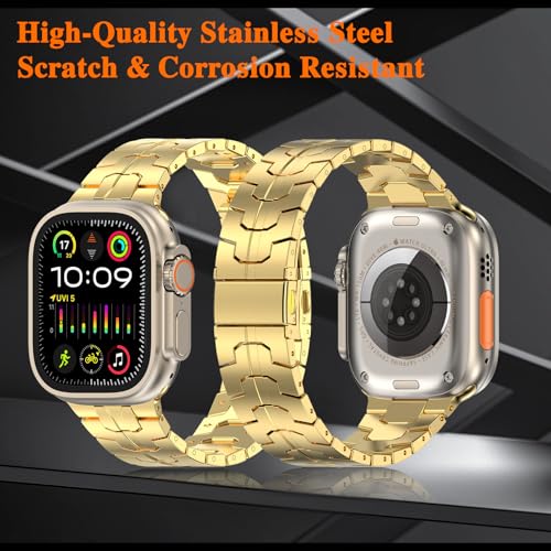Image of MioHHR Stainless Steel Bands for Apple Watch 49 /46 /45 /44 /42mm(Series 3 /2 /1) | Adjustable Metal Strap Band for Men, fits iWatch Series 11 10 9 8 7 6 5 4 3 2 1, SE3, SE2, SE, Ultra 3 /2 /1, Gold